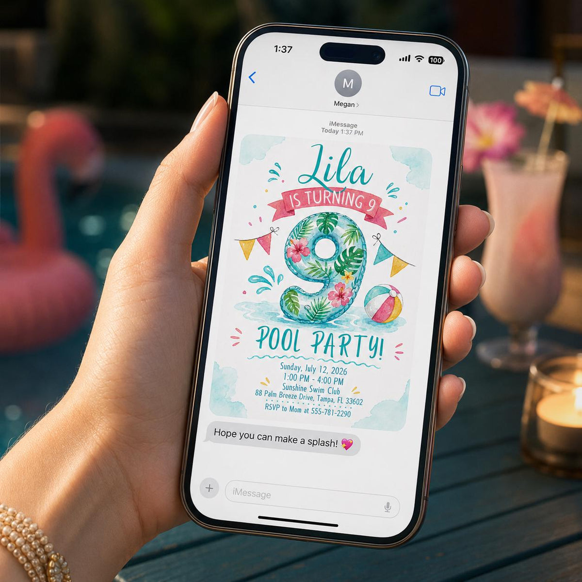 Watercolor 9th Birthday Pool Party Invitation — digital invitation, instant download
