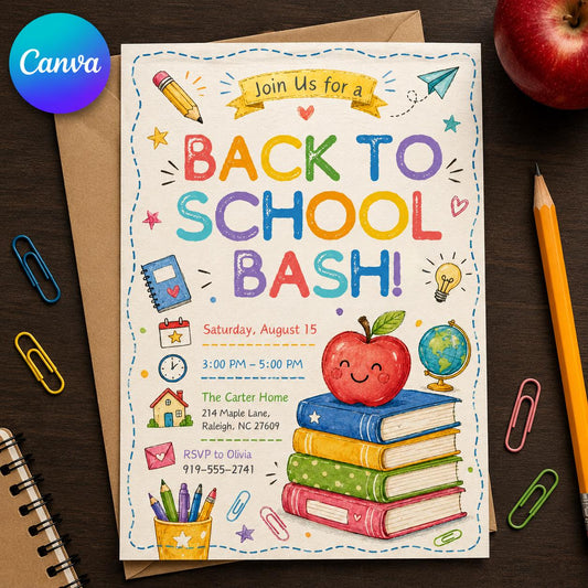 Watercolor Apple and Books Back-to-School Invitation — editable Canva template