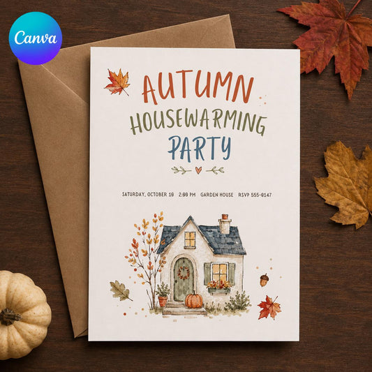 Watercolor Autumn Housewarming Party Invitation — editable Canva template