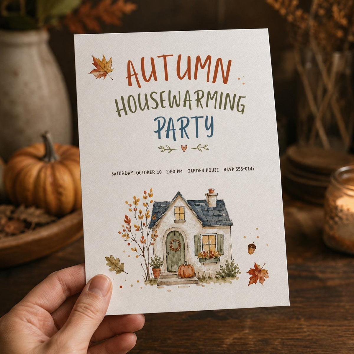 Watercolor Autumn Housewarming Party Invitation — print-ready housewarming design from VoltBy