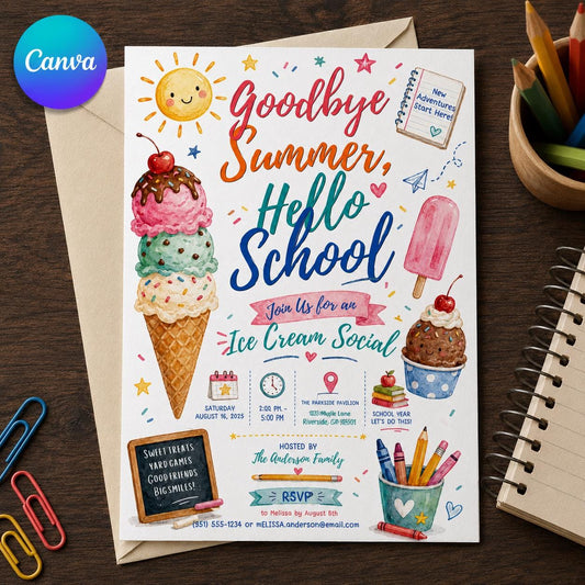Watercolor Back to School Ice Cream Social Invitation — editable Canva template