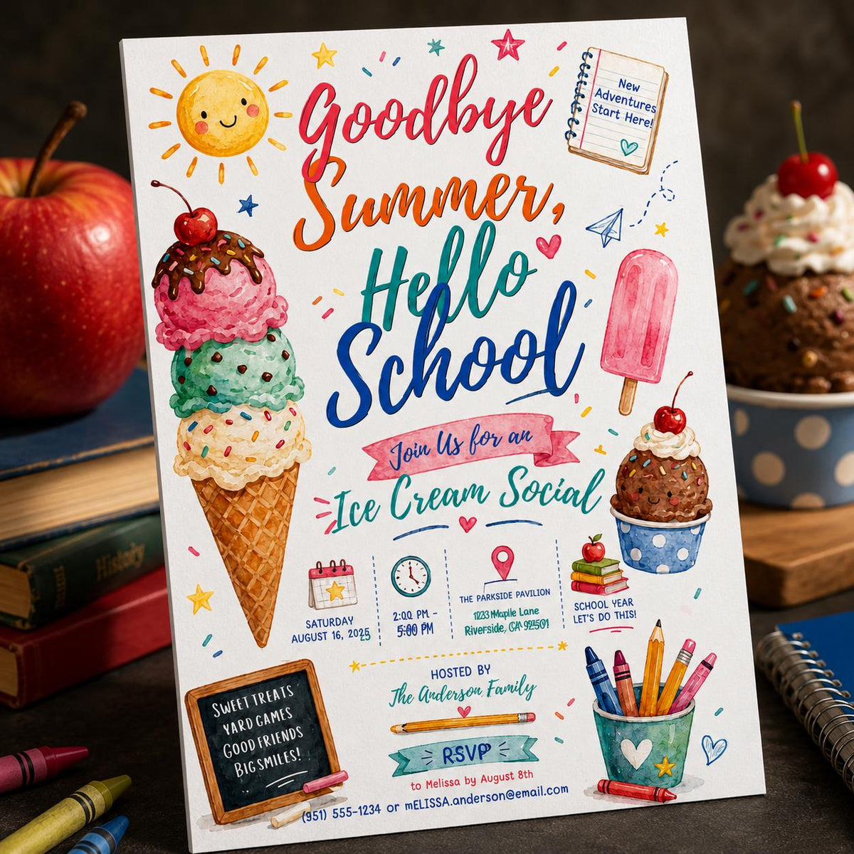 Watercolor Back to School Ice Cream Social Invitation — invitation you personalize in Canva