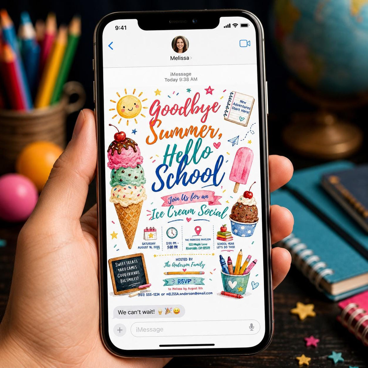 Watercolor Back to School Ice Cream Social Invitation — back-to-school event stationery by VoltBy