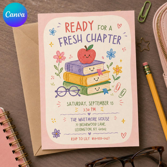 Watercolor Back to School Party Invitation: Fresh Chapter Book Welcome Back Celebration — editable Canva template