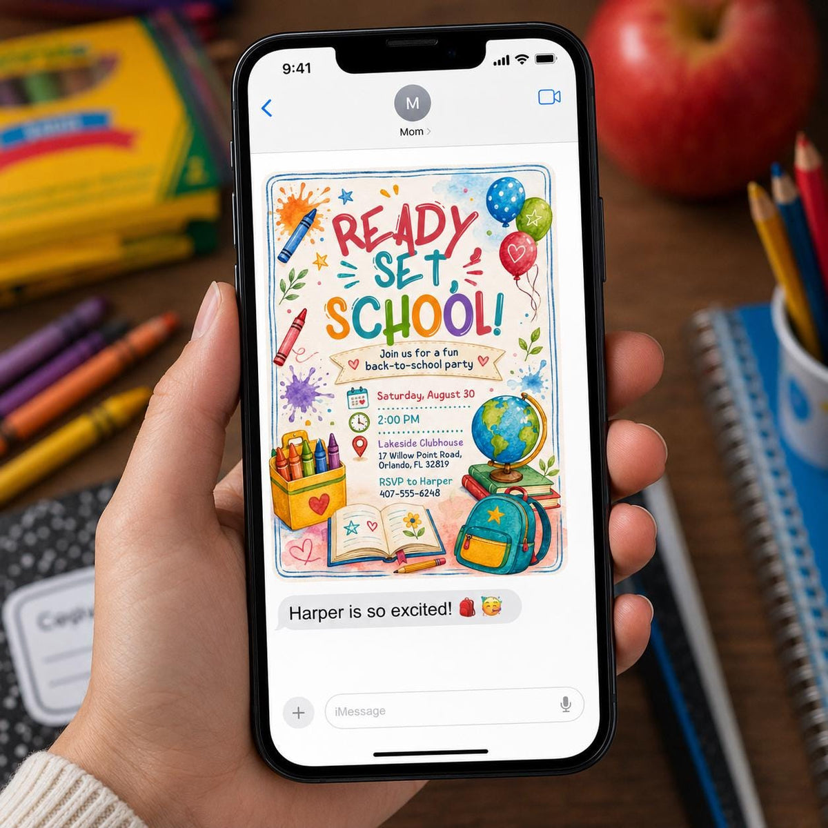 Watercolor Back to School Party Invitation: Ready Set Classroom Bash — digital invitation, instant download