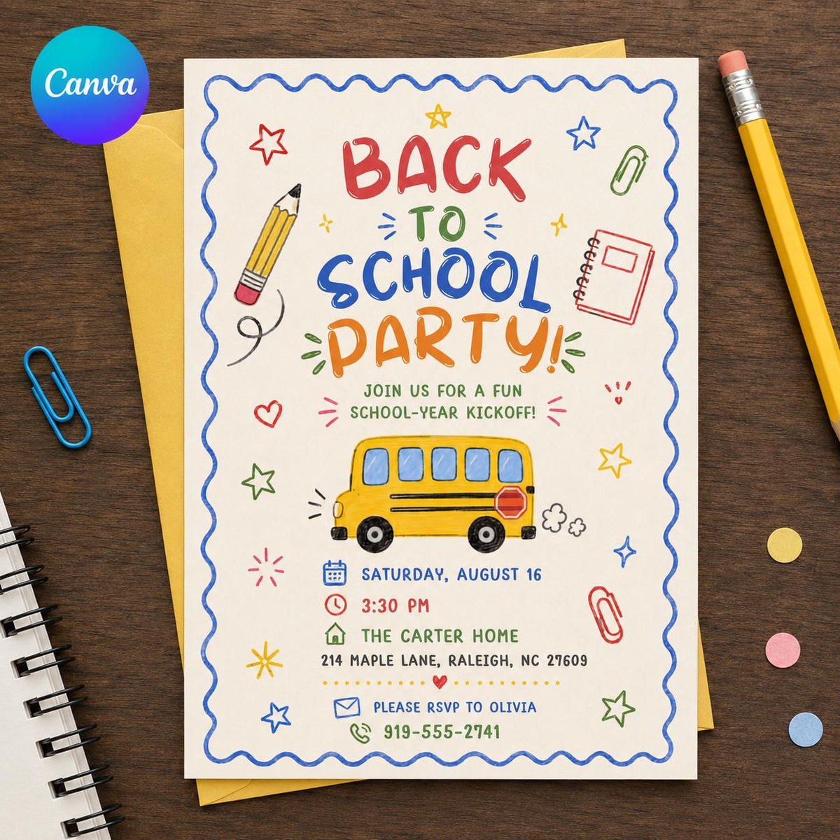 Watercolor Back to School Party Invitation: School Bus Bash — editable Canva template