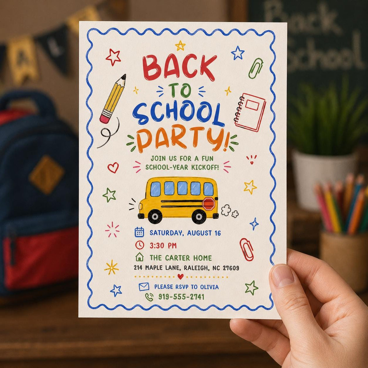 Watercolor Back to School Party Invitation: School Bus Bash — print-ready back-to-school event design from VoltBy