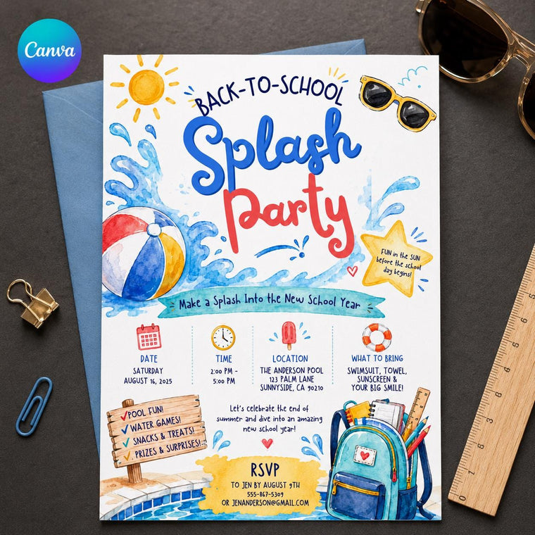 Watercolor Back to School Pool Party Invitation: End of Summer Splash Bash
