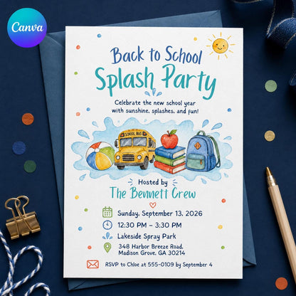 Watercolor Back to School Pool Party Invitation: Summer Splash Bash — editable Canva template