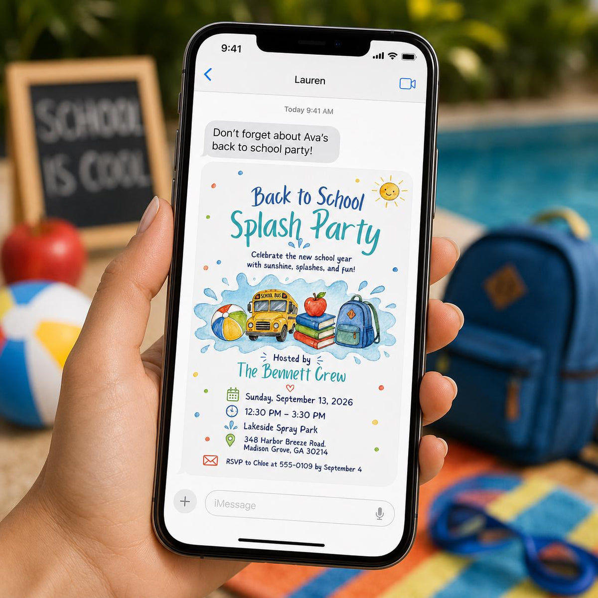 Watercolor Back to School Pool Party Invitation: Summer Splash Bash — bus design