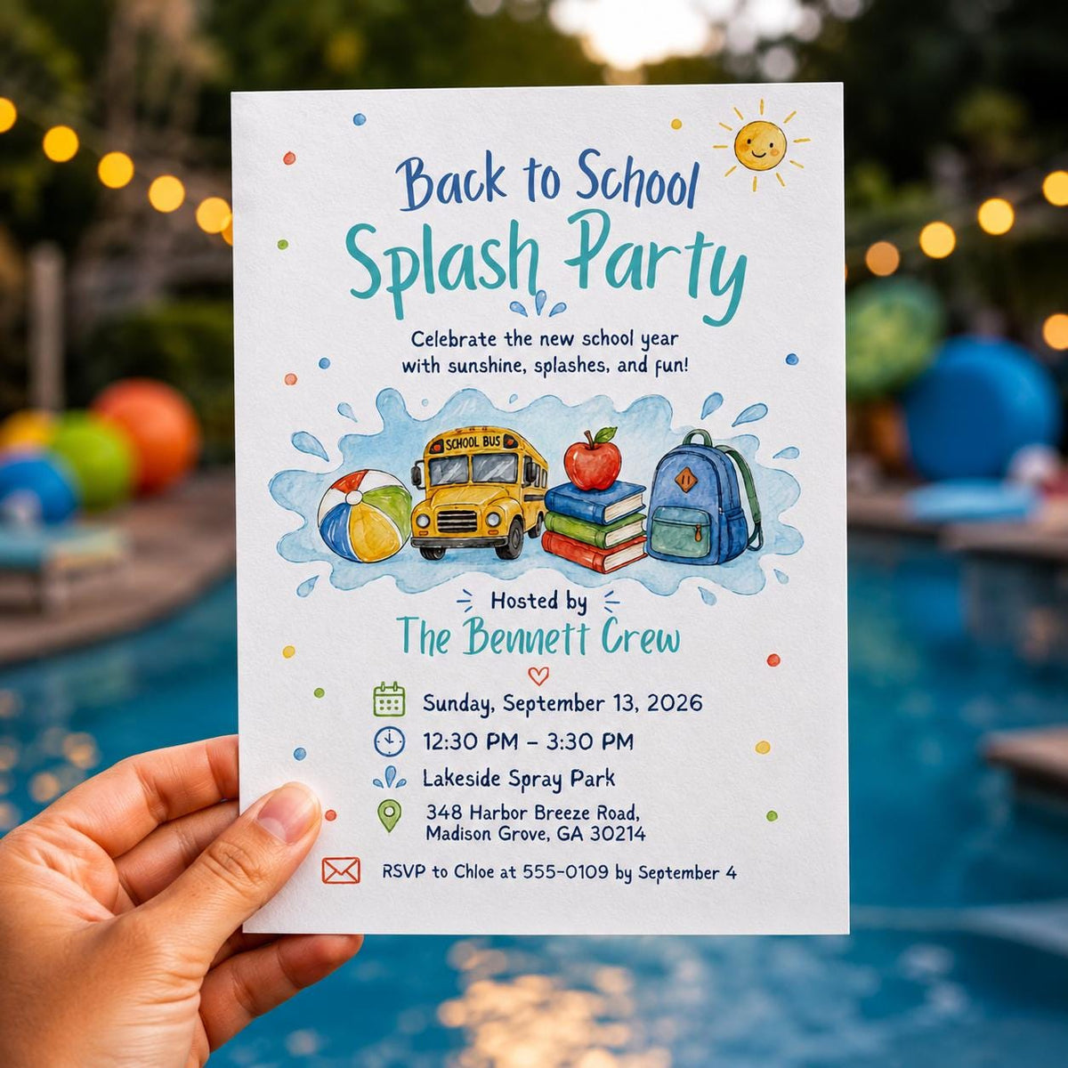 Watercolor Back to School Pool Party Invitation: Summer Splash Bash — invitation you personalize in Canva
