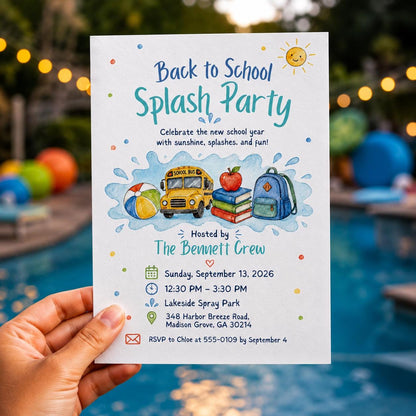 Watercolor Back to School Pool Party Invitation: Summer Splash Bash — invitation you personalize in Canva