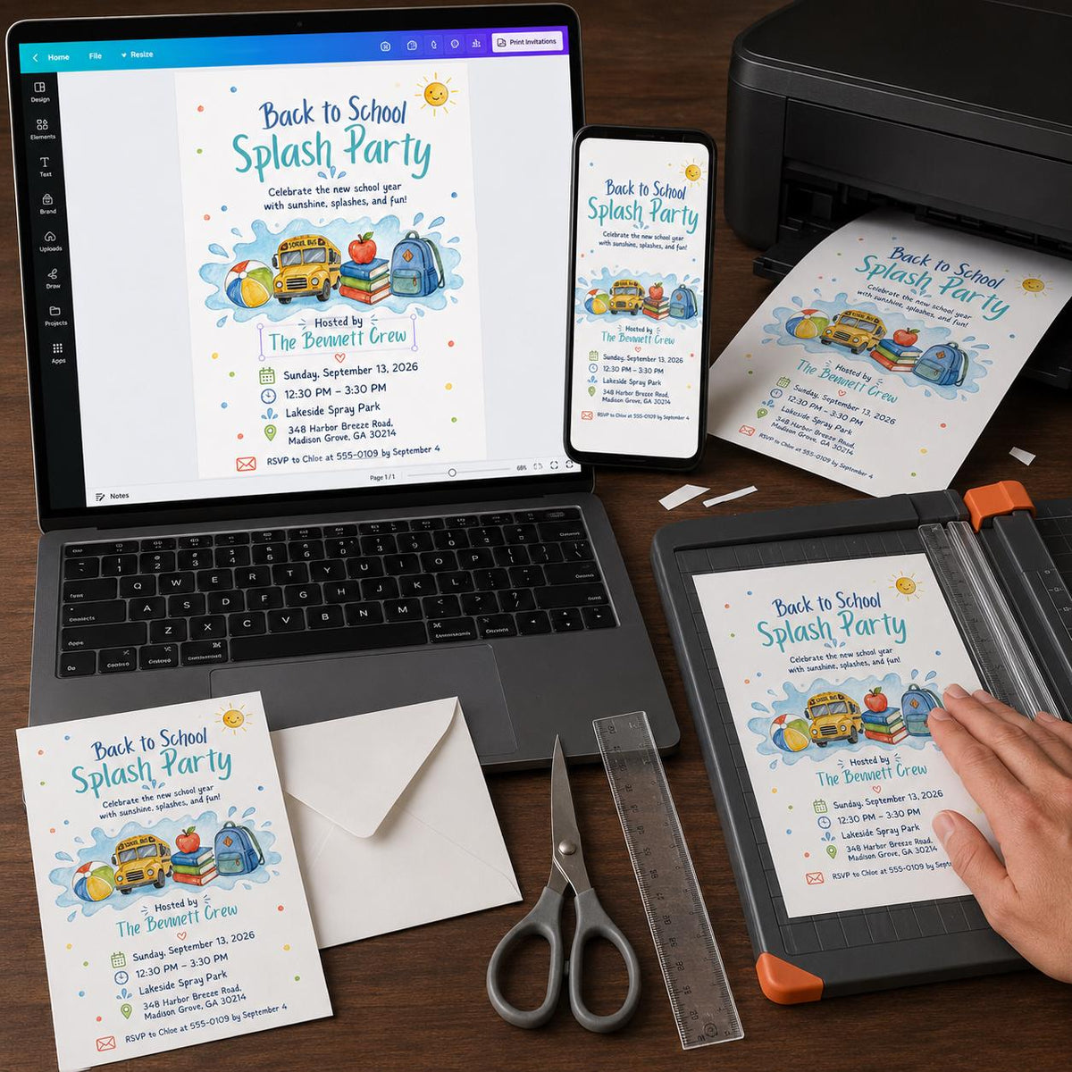 Watercolor Back to School Pool Party Invitation: Summer Splash Bash — print-ready back-to-school event design from VoltBy