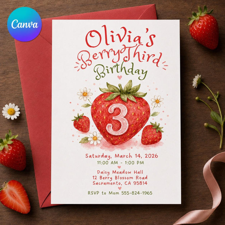 Watercolor Berry Third Birthday Invitation for Girls