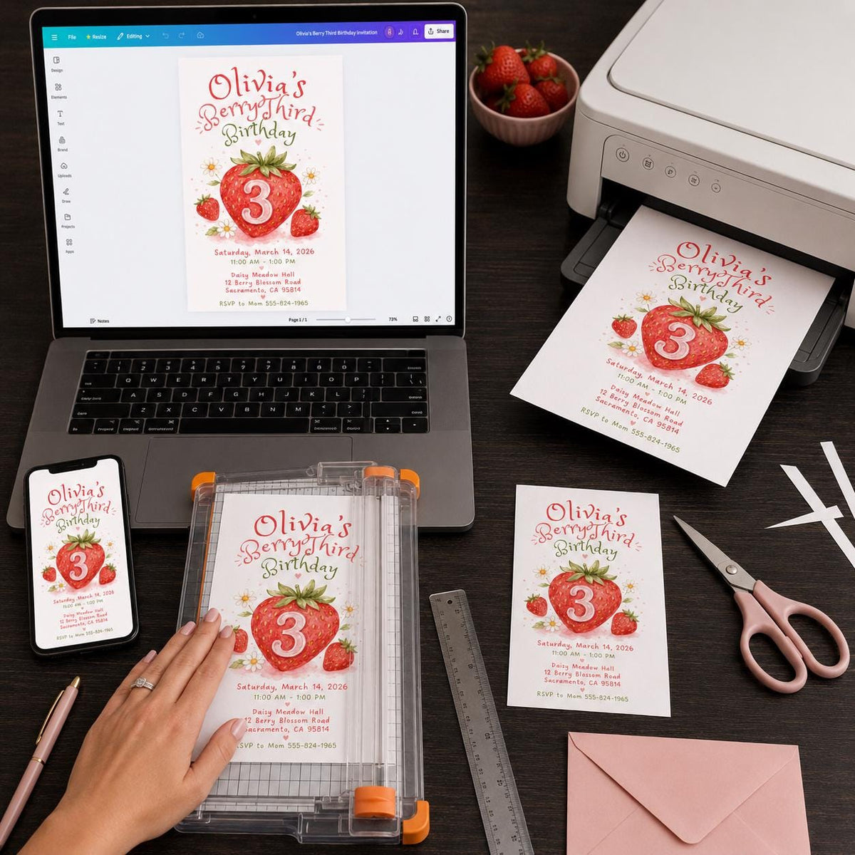 Watercolor Berry Third Birthday Invitation for Girls — strawberry design