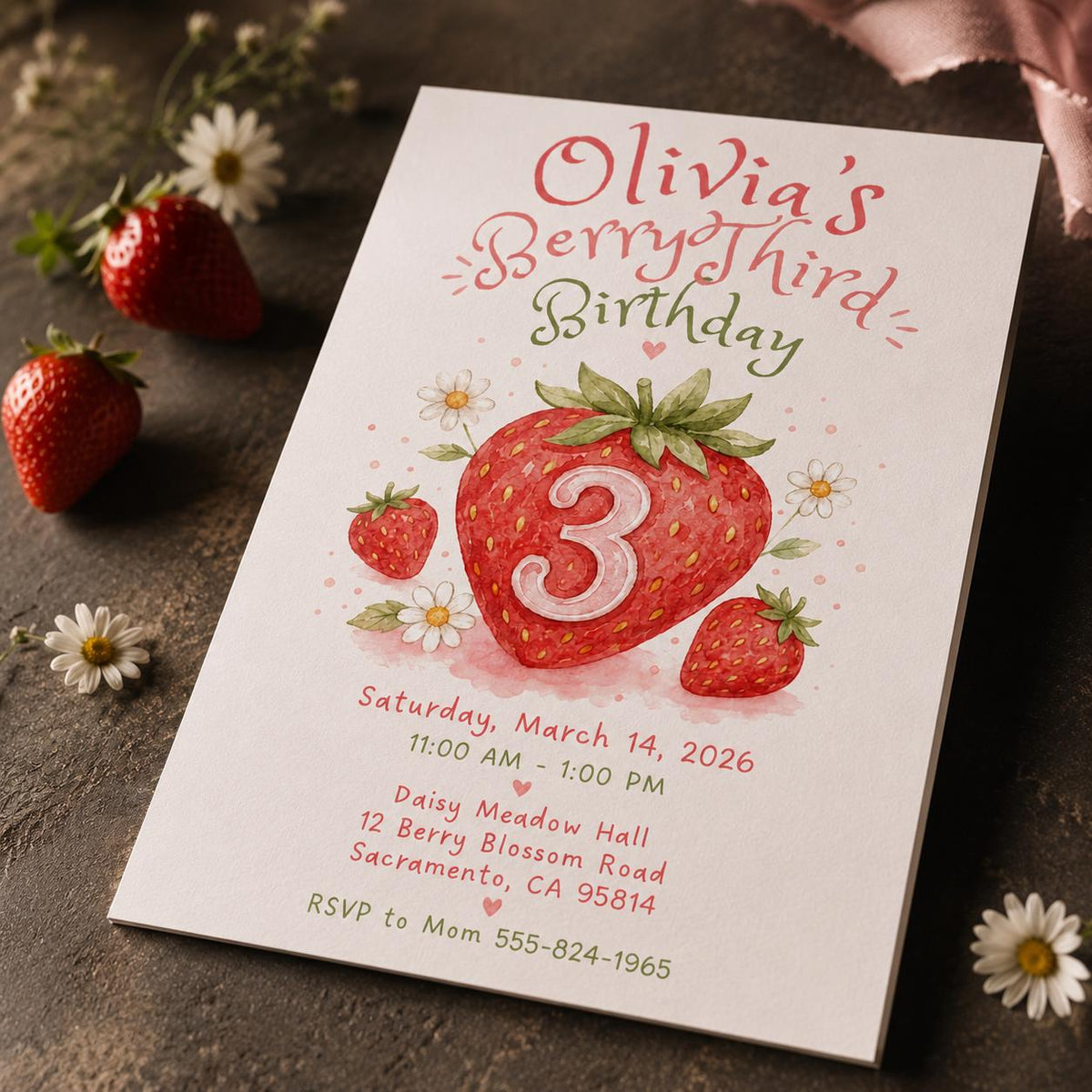 Watercolor Berry Third Birthday Invitation for Girls — invitation you personalize in Canva