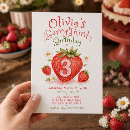 Watercolor Berry Third Birthday Invitation for Girls — digital invitation, instant download