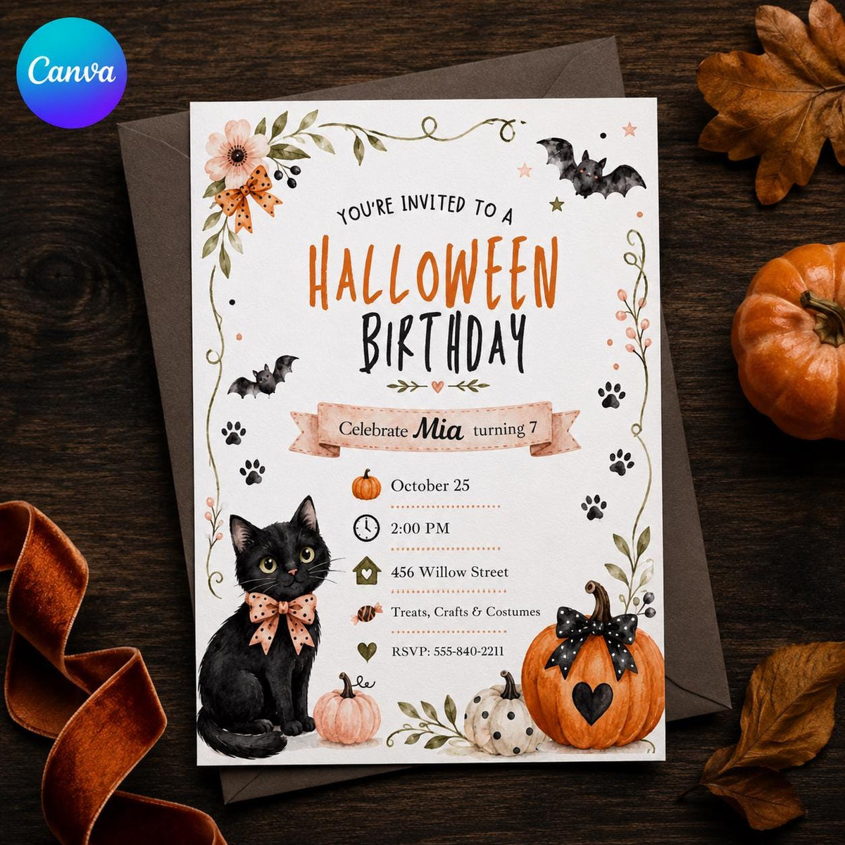 Watercolor Black Cat Halloween Birthday Invitation for Girls — editable Canva template