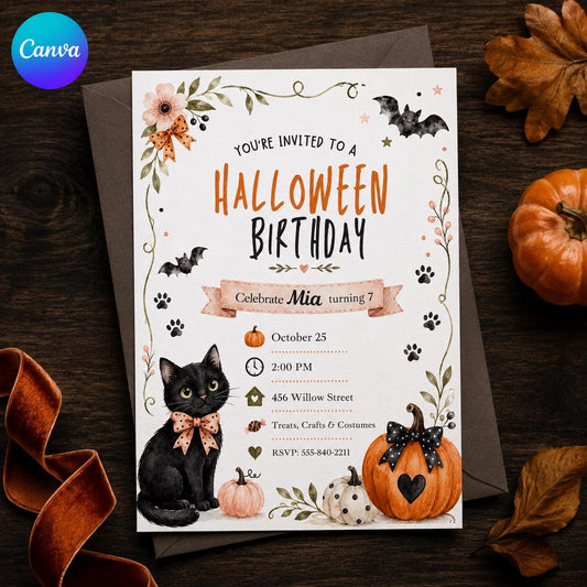 Watercolor Black Cat Halloween Birthday Invitation for Girls — editable Canva template