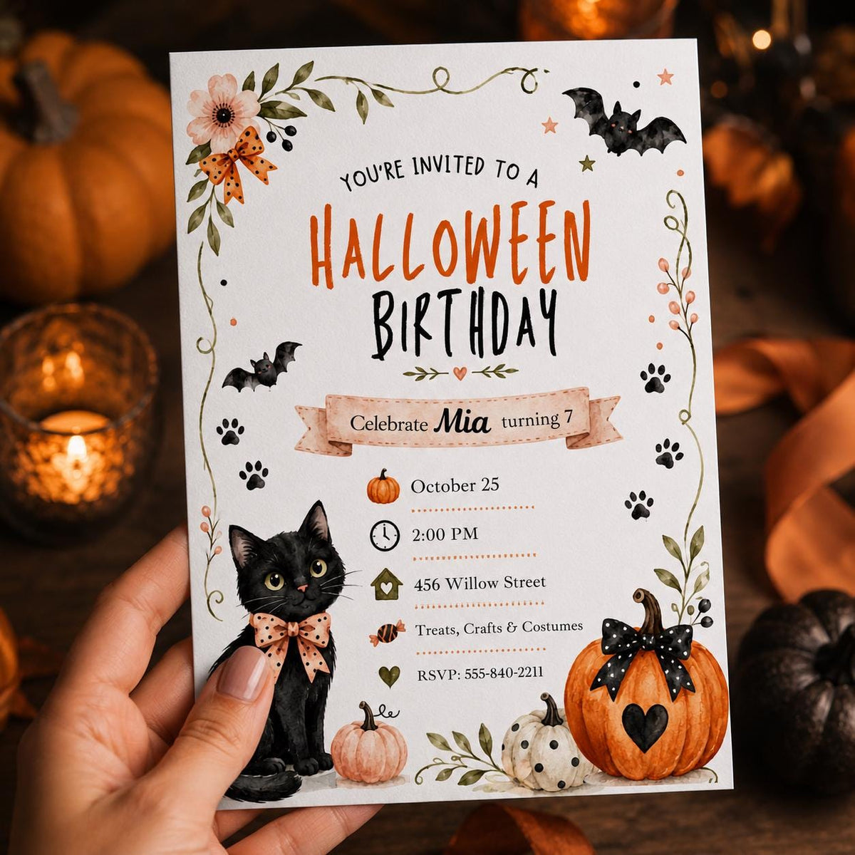 Watercolor Black Cat Halloween Birthday Invitation for Girls — pumpkin design