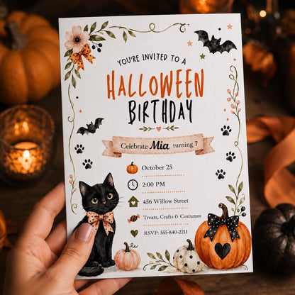 Watercolor Black Cat Halloween Birthday Invitation for Girls — pumpkin design