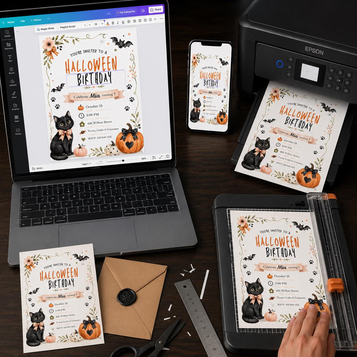 Watercolor Black Cat Halloween Birthday Invitation for Girls — invitation you personalize in Canva