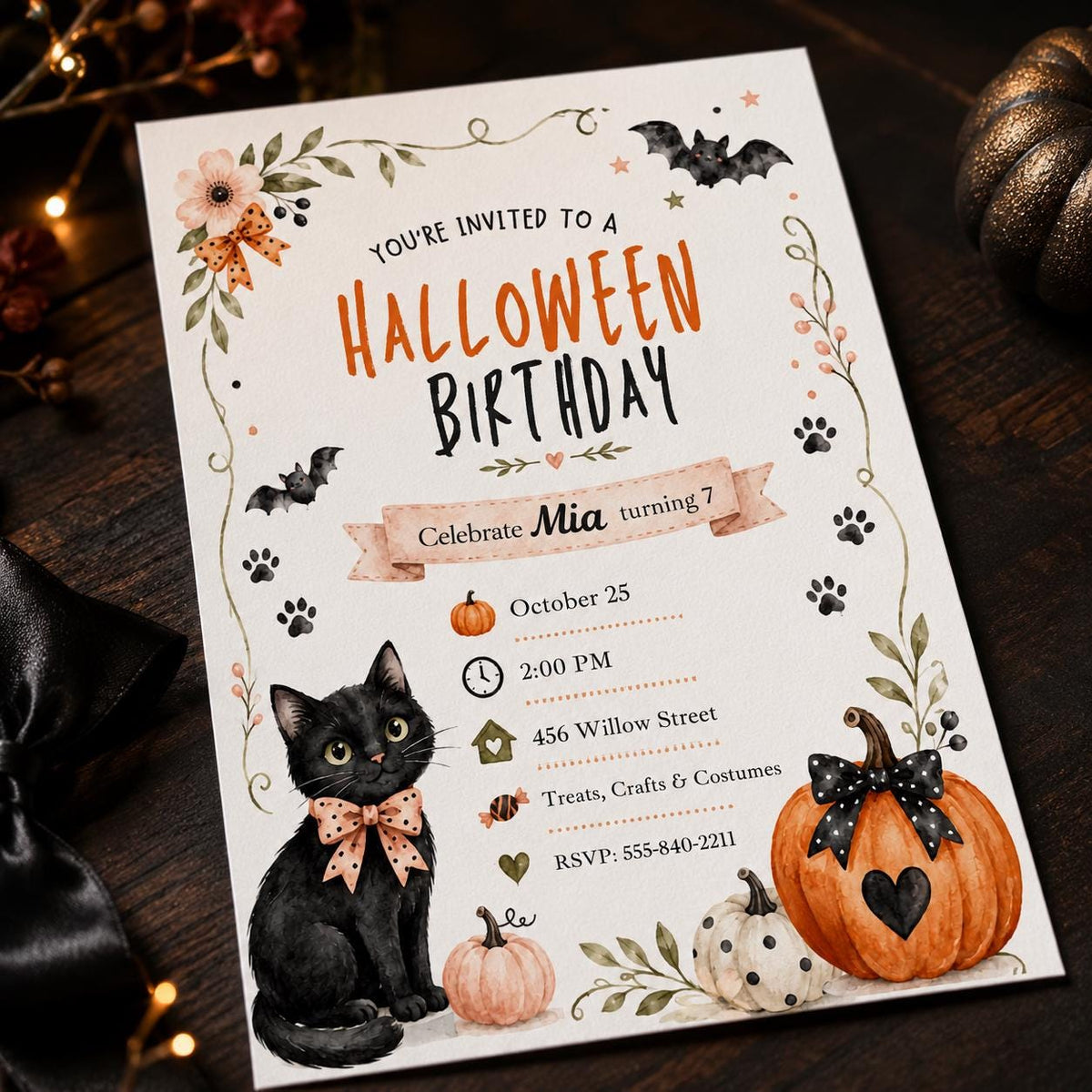Watercolor Black Cat Halloween Birthday Invitation for Girls — print-ready birthday party design from VoltBy