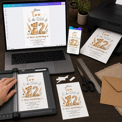 Watercolor Boho Born Two Be Wild Birthday Invitation — lion and safari design