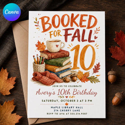 Watercolor Booked for Fall 10th Birthday Invitation — editable Canva template