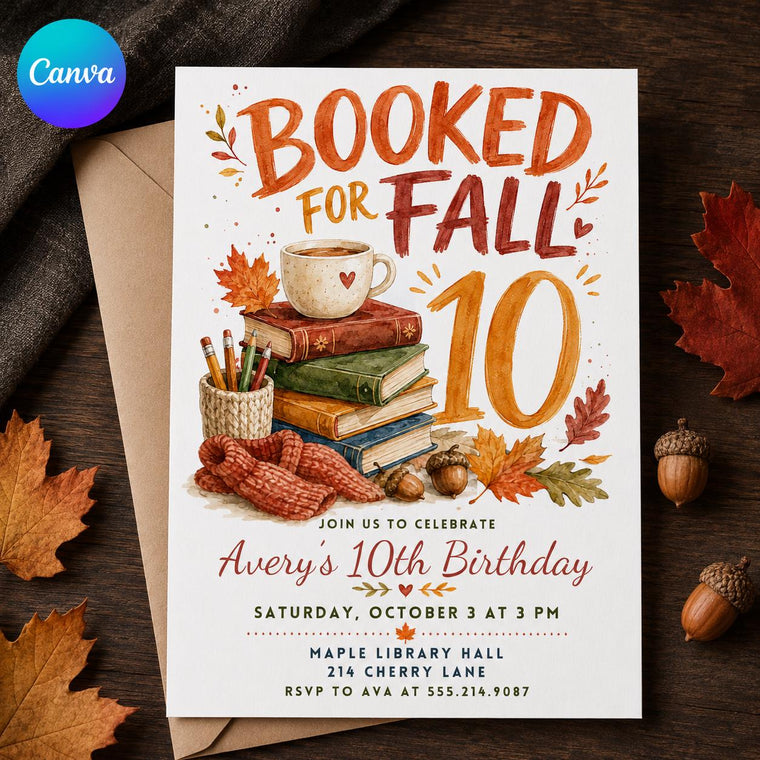 Watercolor Booked for Fall 10th Birthday Invitation