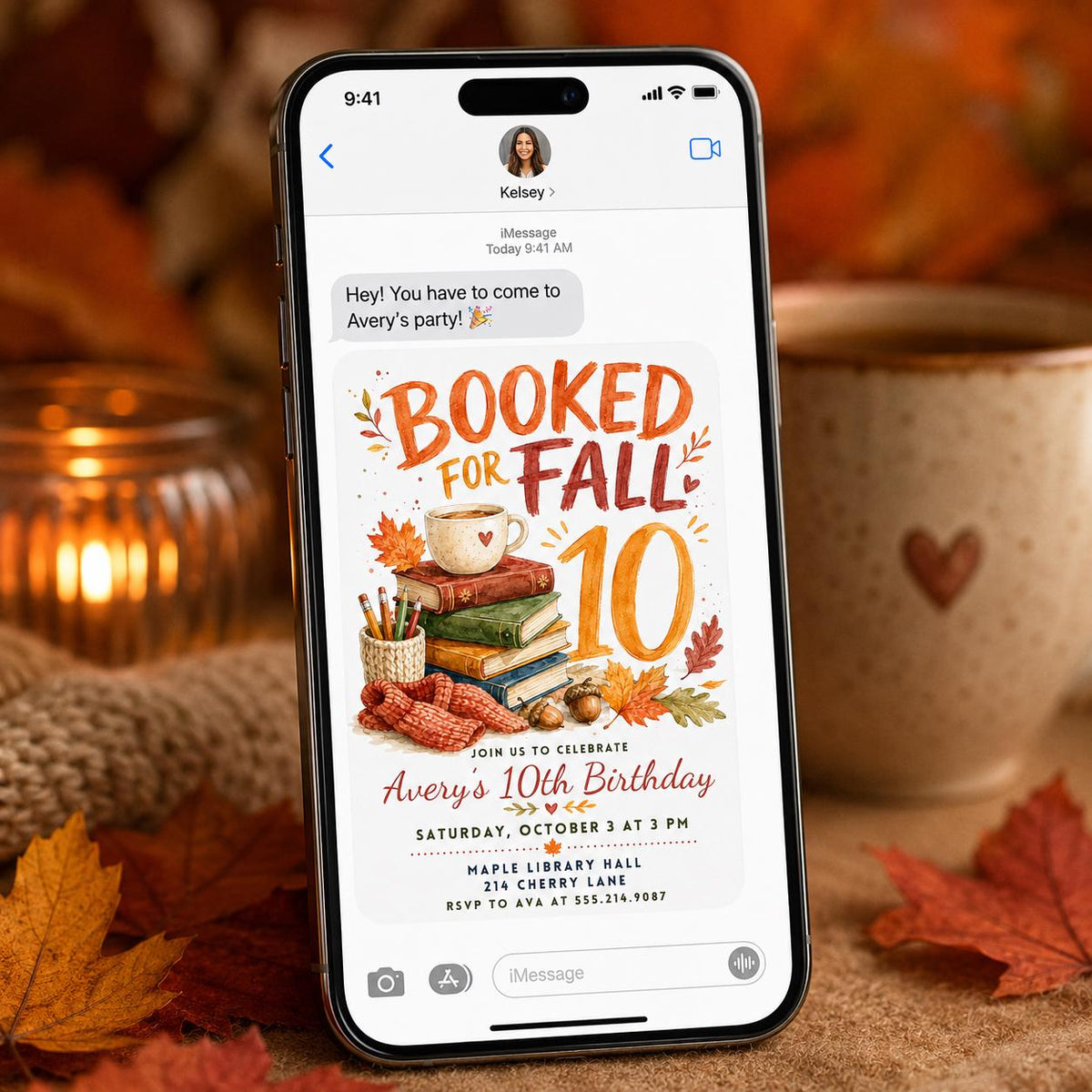 Watercolor Booked for Fall 10th Birthday Invitation — library design