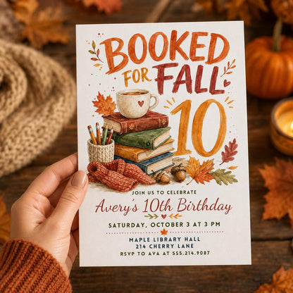 Watercolor Booked for Fall 10th Birthday Invitation — invitation you personalize in Canva