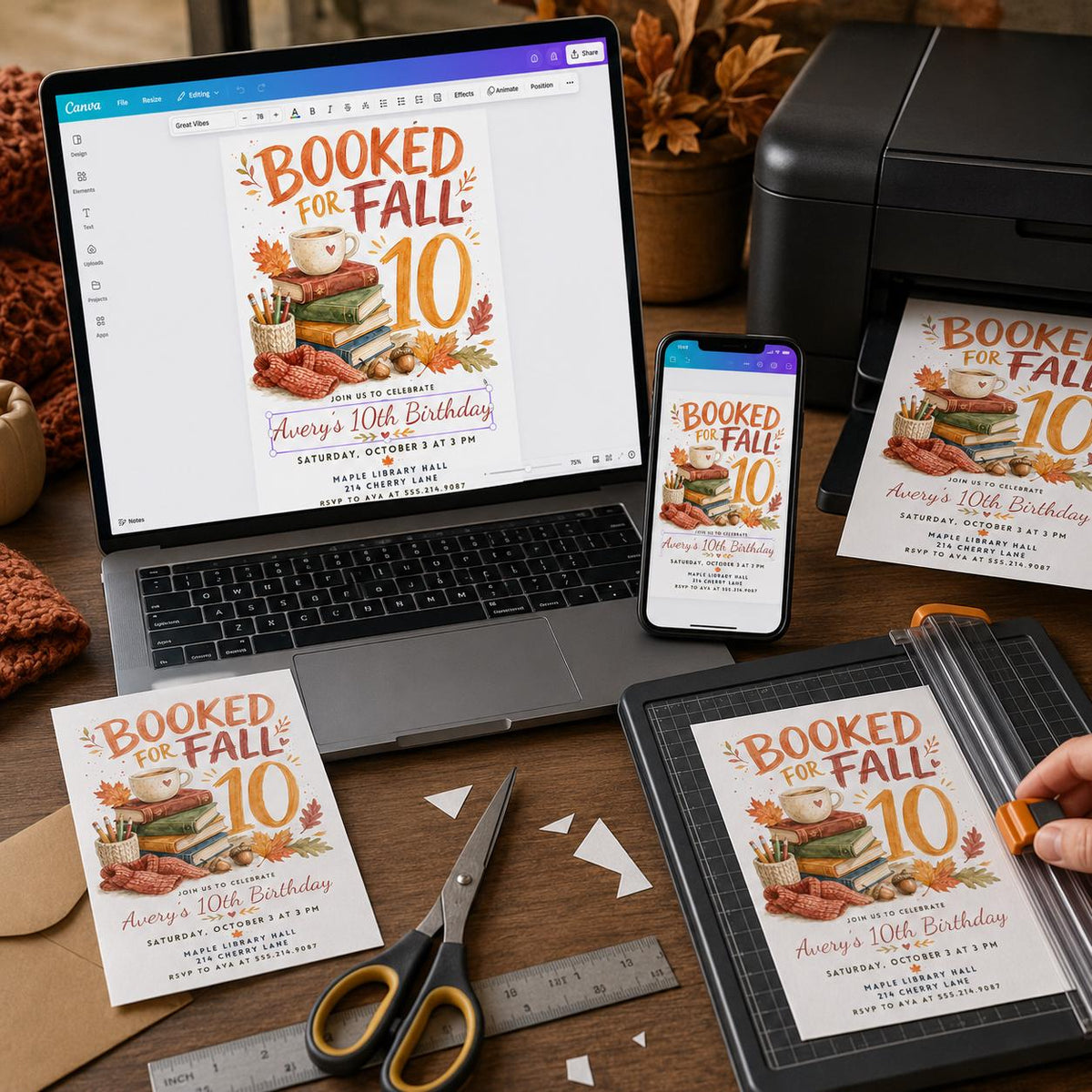 Watercolor Booked for Fall 10th Birthday Invitation — print-ready 10th birthday party design from VoltBy
