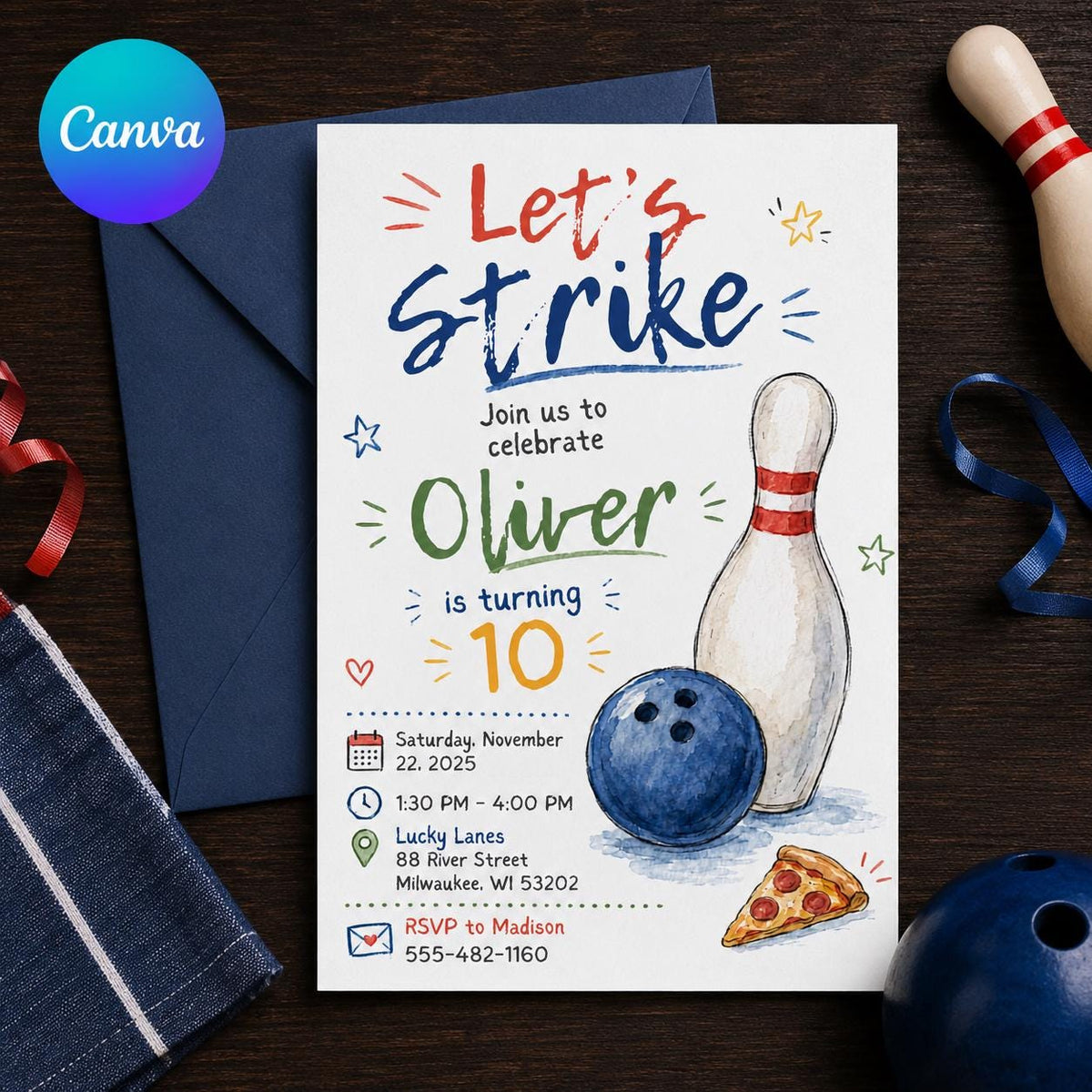 Watercolor Bowling 10th Birthday Invitation — editable Canva template
