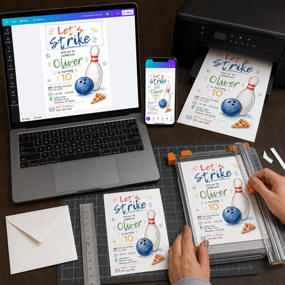 Watercolor Bowling 10th Birthday Invitation — invitation you personalize in Canva