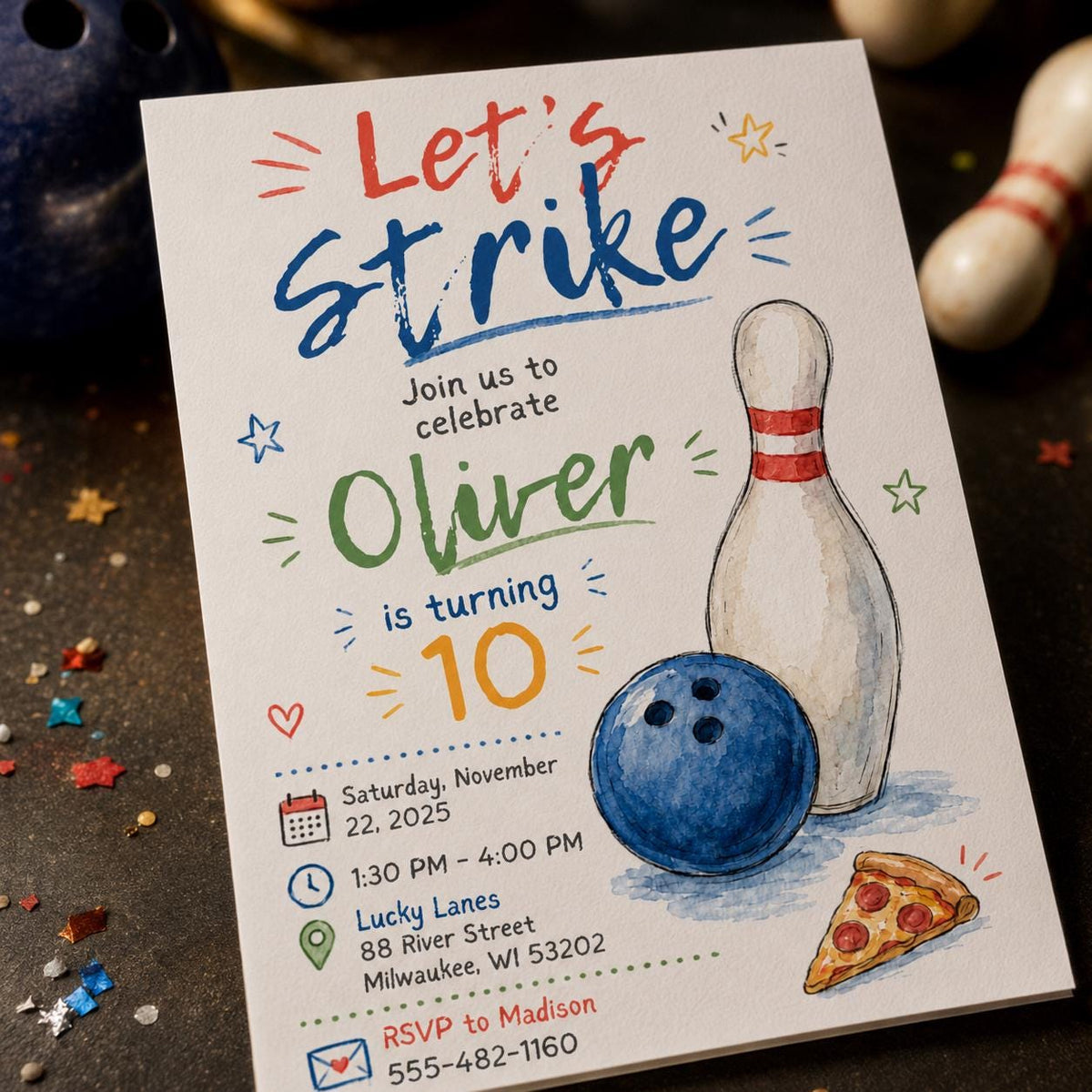 Watercolor Bowling 10th Birthday Invitation — print-ready 10th birthday party design from VoltBy