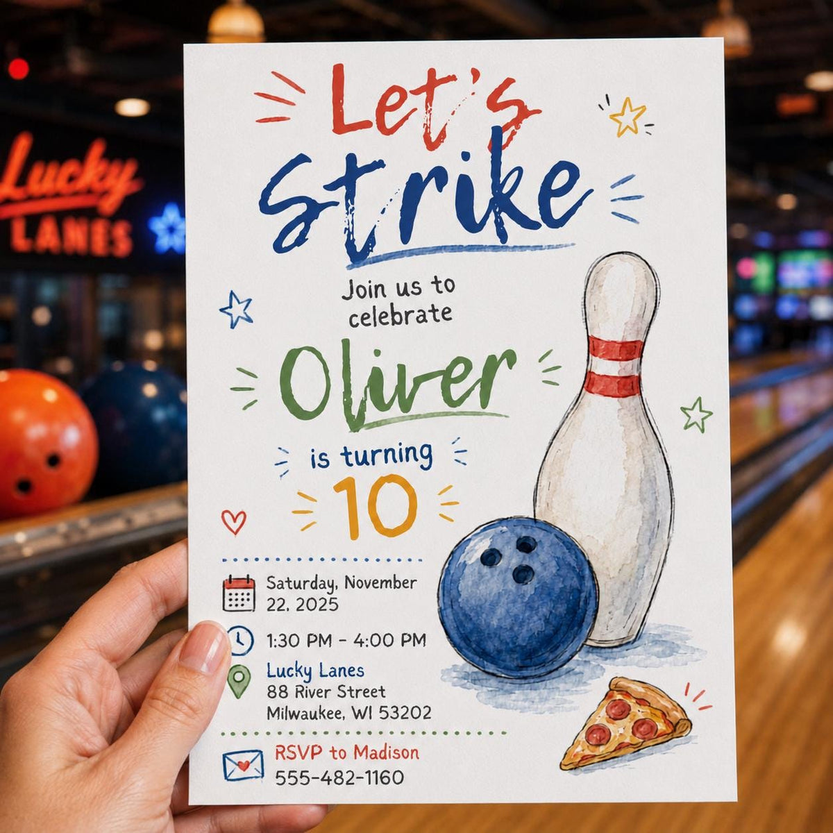 Watercolor Bowling 10th Birthday Invitation — 10th birthday party stationery by VoltBy