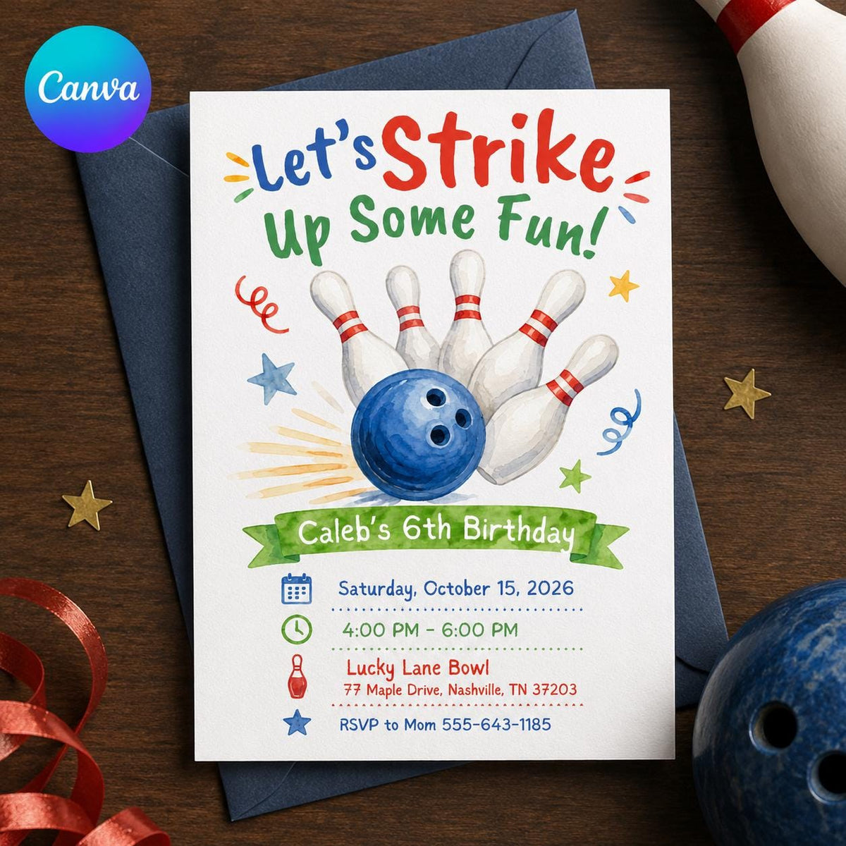 Watercolor Bowling 6th Birthday Invitation — editable Canva template