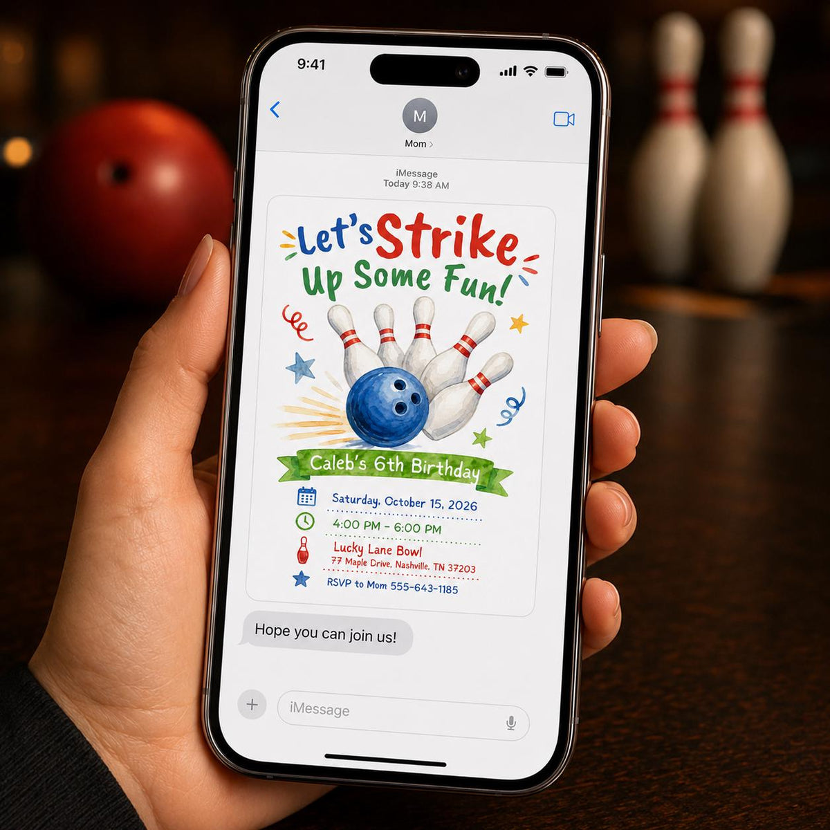 Watercolor Bowling 6th Birthday Invitation — invitation you personalize in Canva