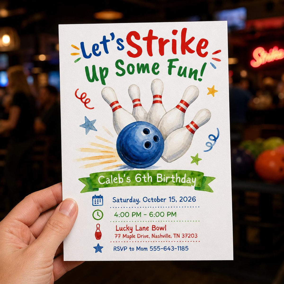 Watercolor Bowling 6th Birthday Invitation — print-ready 6th birthday party design from VoltBy