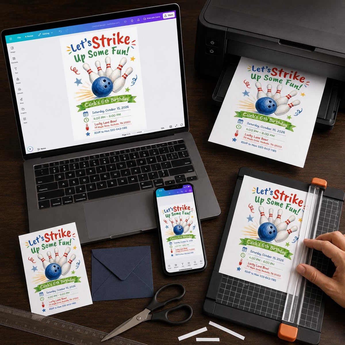 Watercolor Bowling 6th Birthday Invitation — digital invitation, instant download
