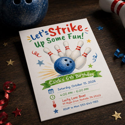 Watercolor Bowling 6th Birthday Invitation — 6th birthday party stationery by VoltBy