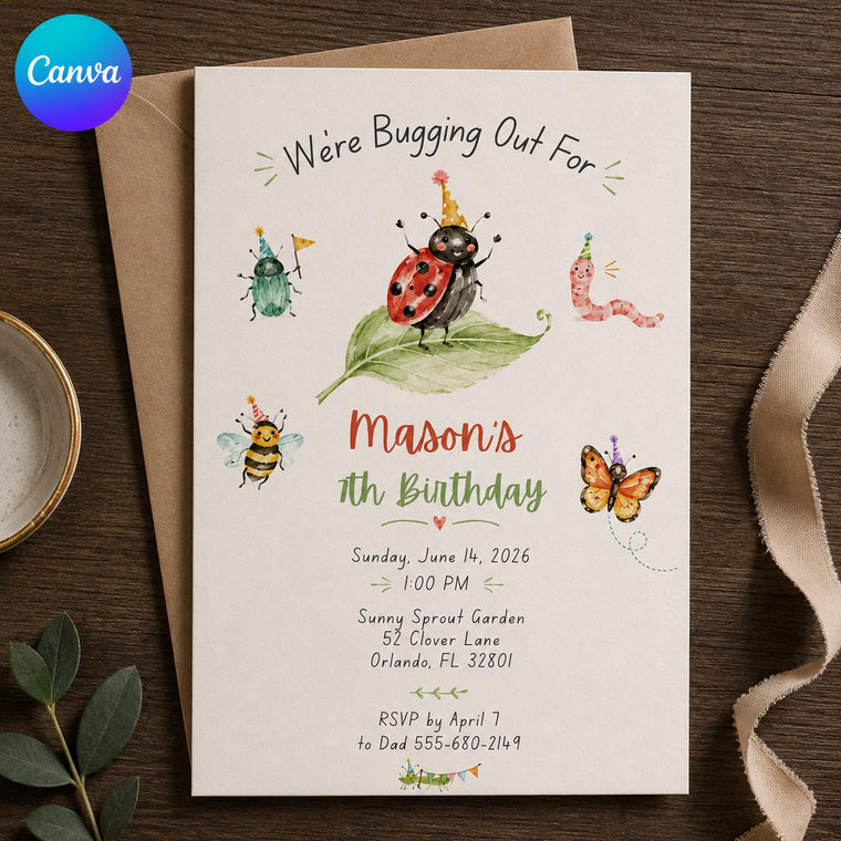 Watercolor Bug 7th Birthday Invitation