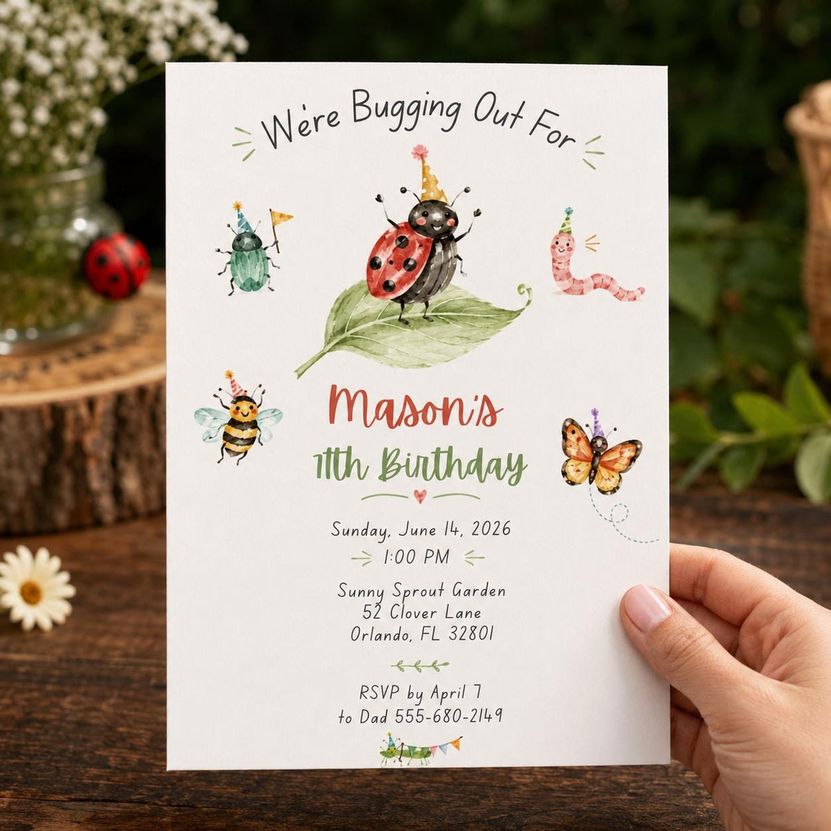 Watercolor Bug 7th Birthday Invitation — bee design