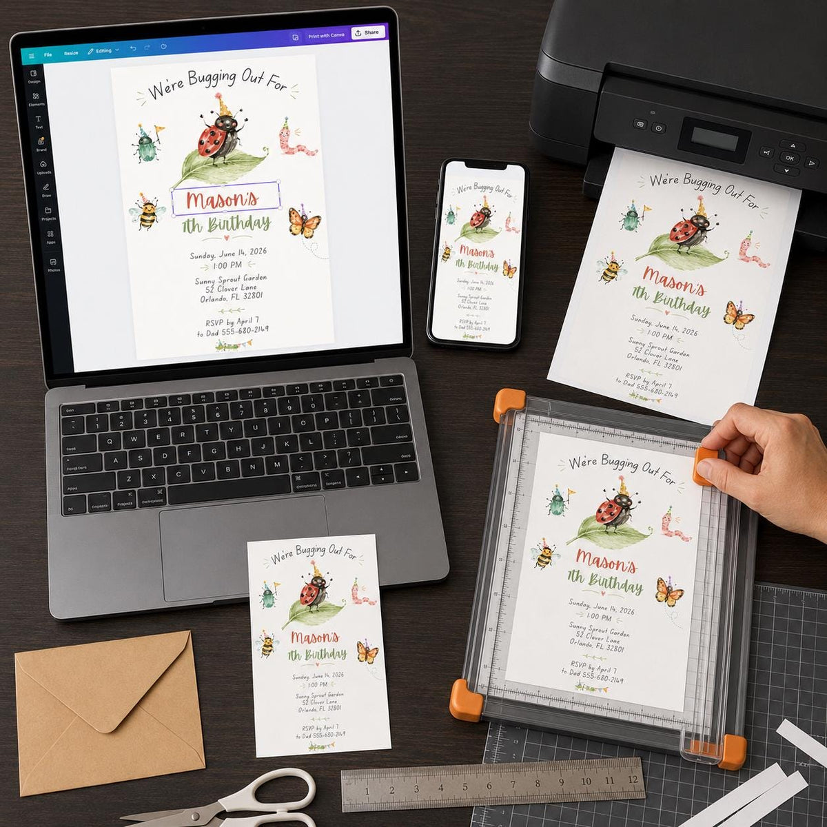 Watercolor Bug 7th Birthday Invitation — invitation you personalize in Canva