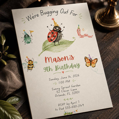 Watercolor Bug 7th Birthday Invitation — print-ready 7th birthday party design from VoltBy