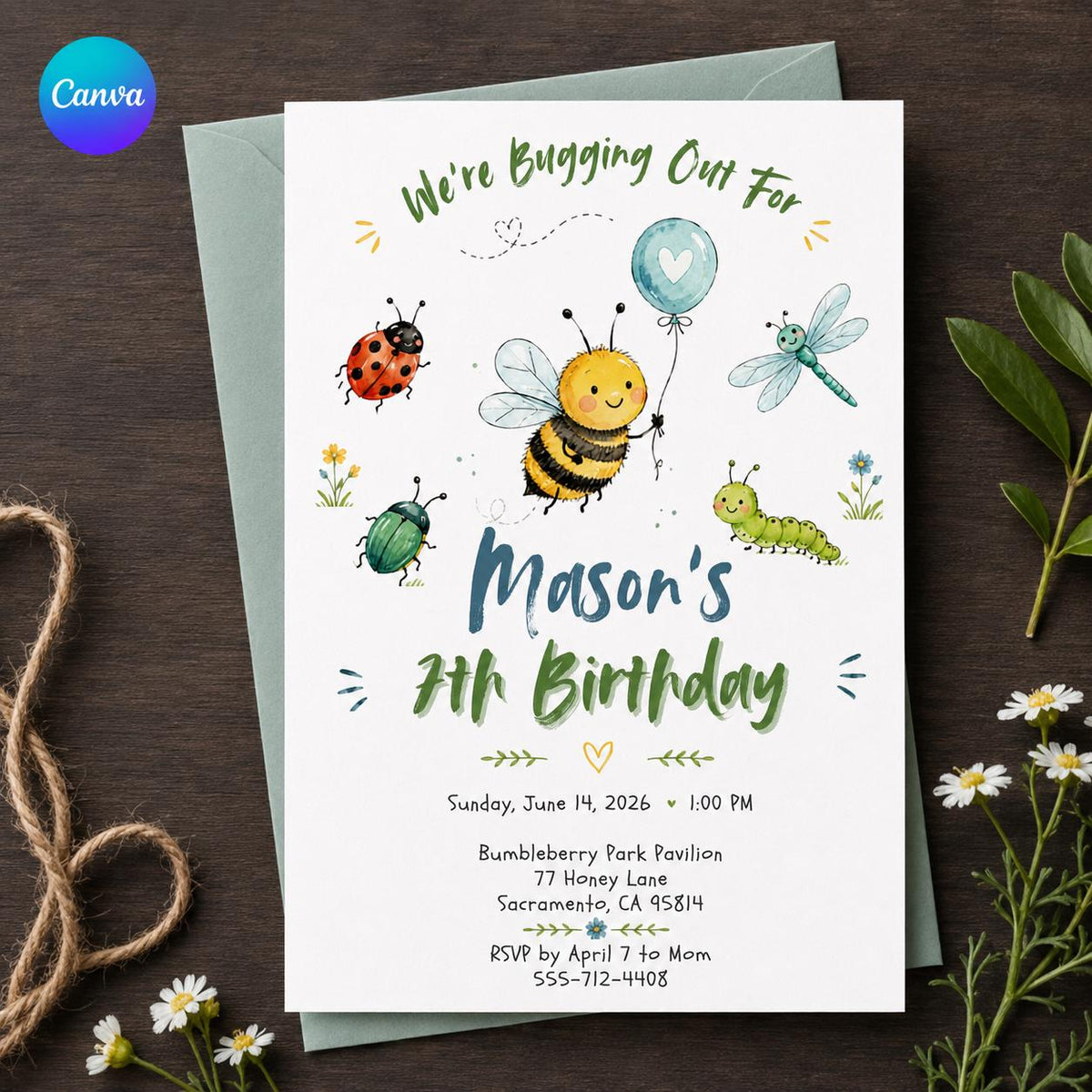 Watercolor Bug Birthday Invitation — editable Canva template
