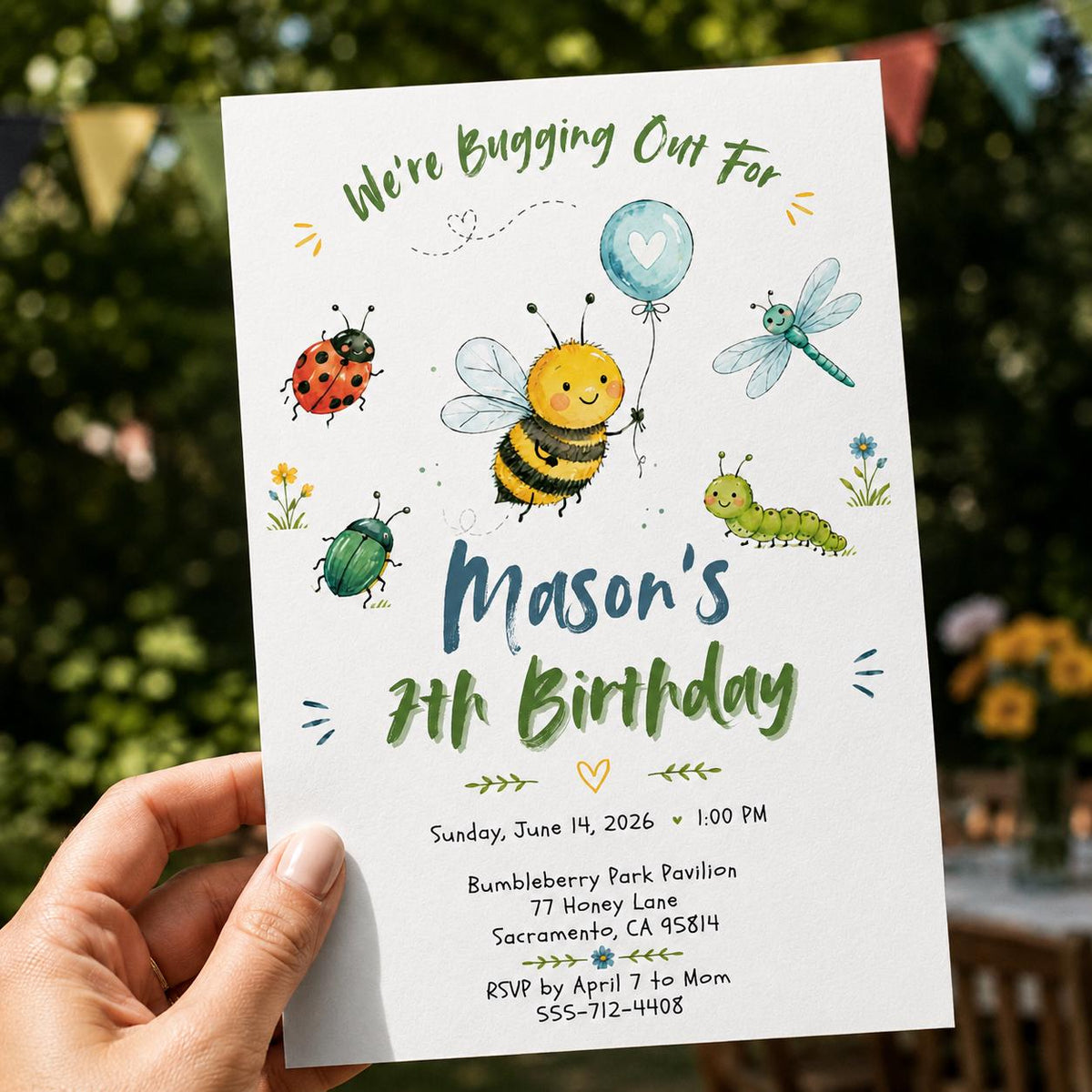 Watercolor Bug Birthday Invitation — digital invitation, instant download