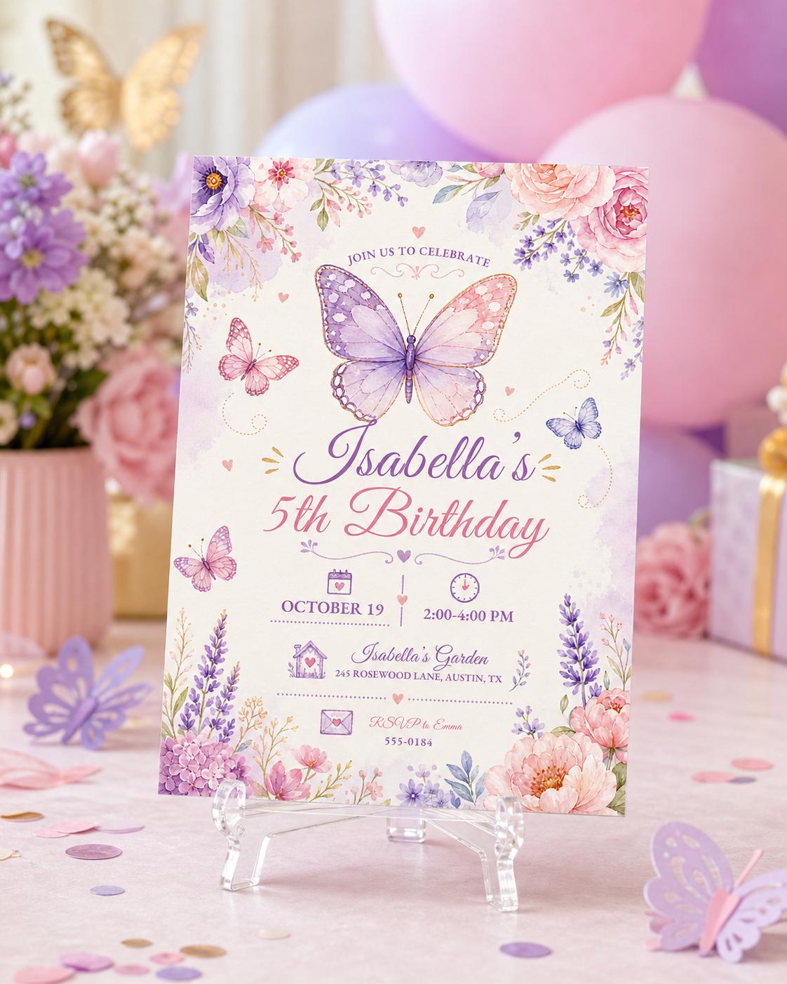 Watercolor Butterfly 5th Birthday Invitation with Lavender Flowers — design view 2