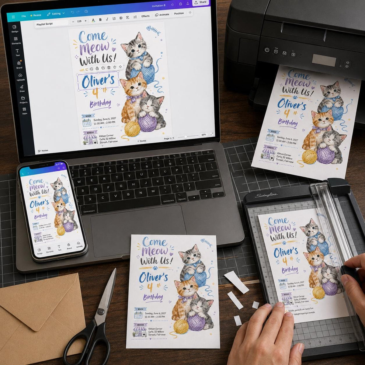Watercolor Cat 4th Birthday Invitation — invitation you personalize in Canva